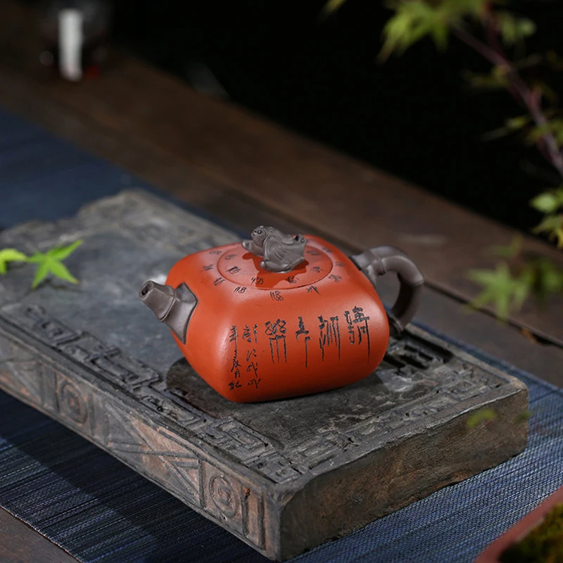 Chinese Style Square Shape Teapot, Purple Clay Raw ore Dahongpao, Kung Fu Household, Pure Handmade, 380cc, Tea Pots, 1Pc