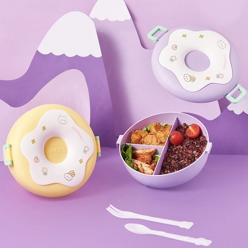 Lunch Box For Kid School Child Snack Box Donut Cartoon Leakproof Bento Box Lunch Bags With Fork Spoon 3 Compartment Microwavable - 3