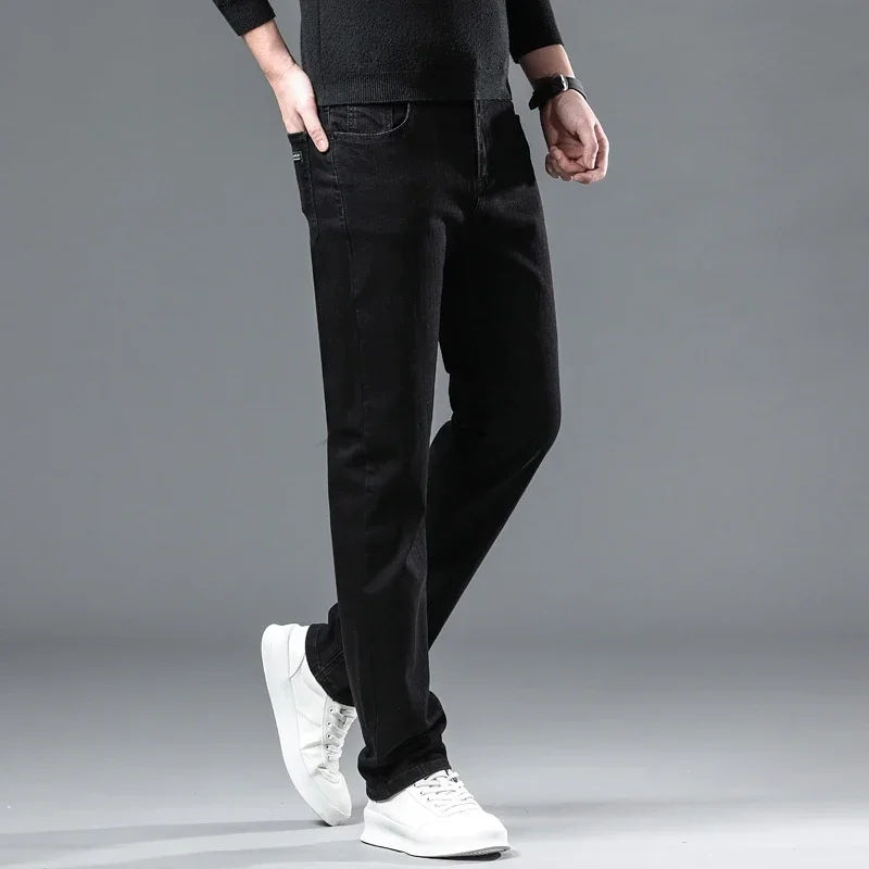 Denim Pants Trousers for Men Winter Black Straight Stretch Thick Velvet Warm Jeans Casual Fleece Line Male Plus Size 40 denim pants denim trousers