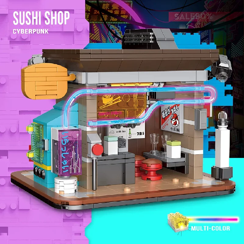

City Friends With Lights Street View Cafe Building Blocks Sushi Shop Set Collection Assembled Model set Children's Toys Christma
