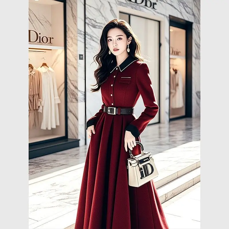 French Wine Red Dress 2025 Autumn Womens Clothing High-end Super Beautiful Formal Occasion Temperament Waist Cinching Long Skirt