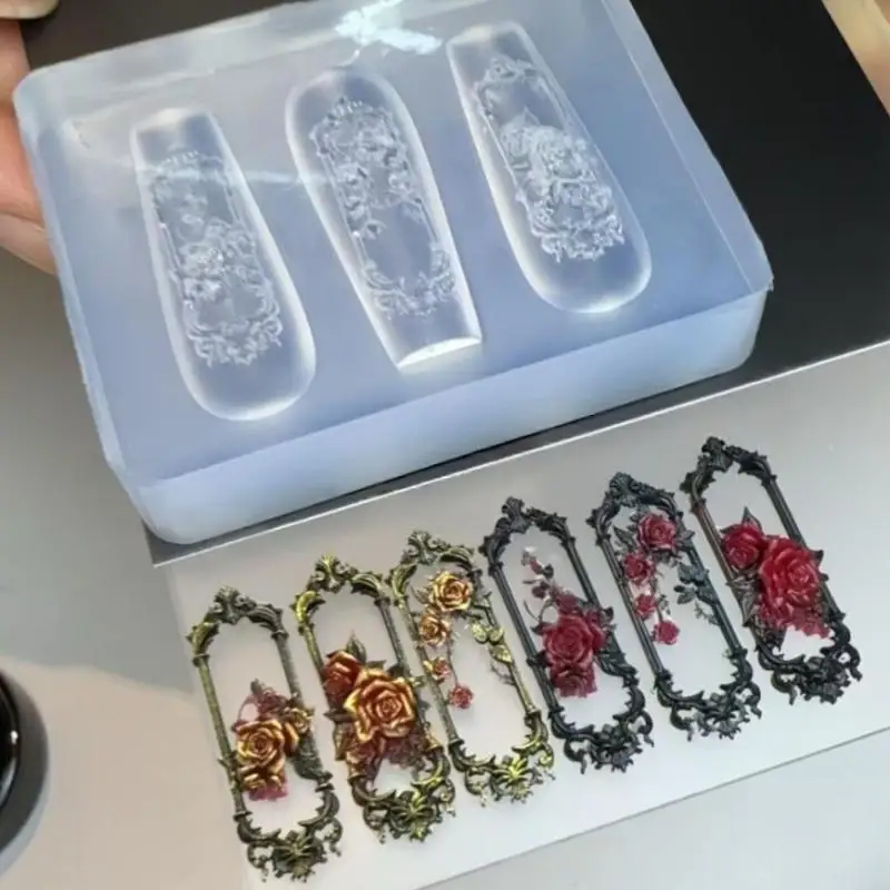 1pcs DIY 매니큐어 장식 도구 레트로 3D 네일 몰드 창틀 장미 꽃 프레임 네일 몰드 3D 조각 실리콘 템플릿