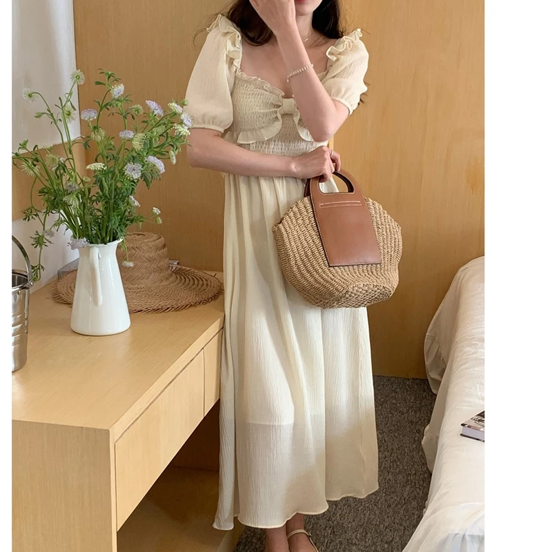 

2023 New Women's Dress Retro Sweet Bow Square Neck Off Shoulder Foam Sleeves Appear Thin Free Shipping