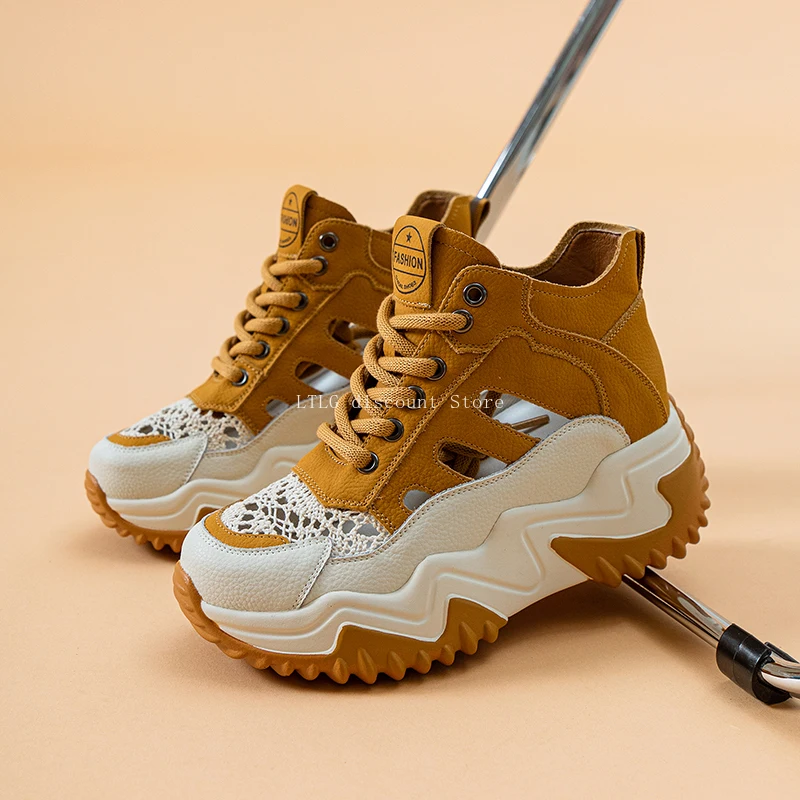 7cm Mesh Genuine Leather Synthetic Mid Calf Ankle Boots Women Breathable Platform Chimney Hollow Fashion Summer Shoes