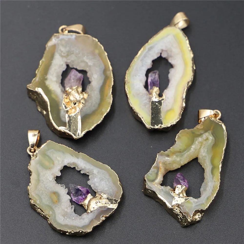 

Natural Yellow Agate Sparkling Hole Gem Necklaces Hollow Inset Amethyst Pendant DIY Fashion Irregular Jewelry Wholesale 3Pcs/Lot