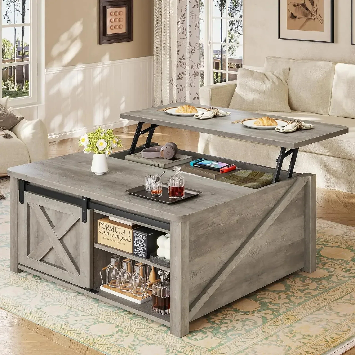 thumbnail image 1 of Mesa de centro elevable con almacenamiento, mesa de centro cuadrada con compartimento de almacenamiento oculto y estantes ajustables para sala de estar, 1 of 4