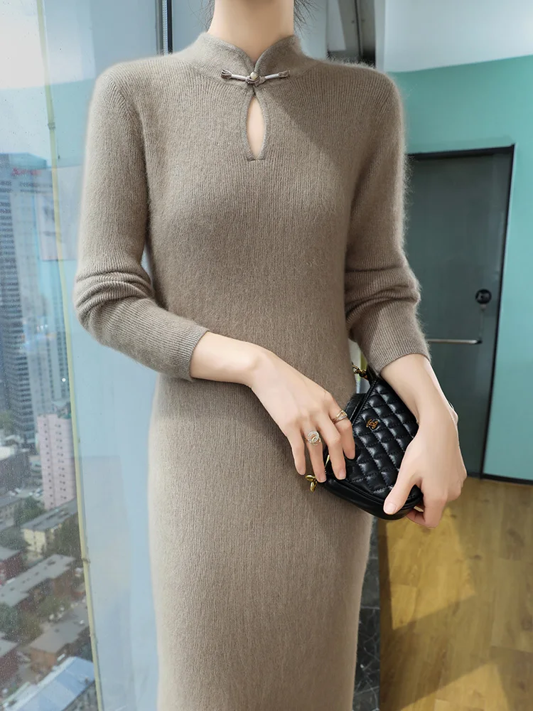 100% Pure Mink Cashmere Knitted Dress Women Stand Up Collar Button Long Skirts Casual High Waist Over Knee Dress New Thick Skirt 2