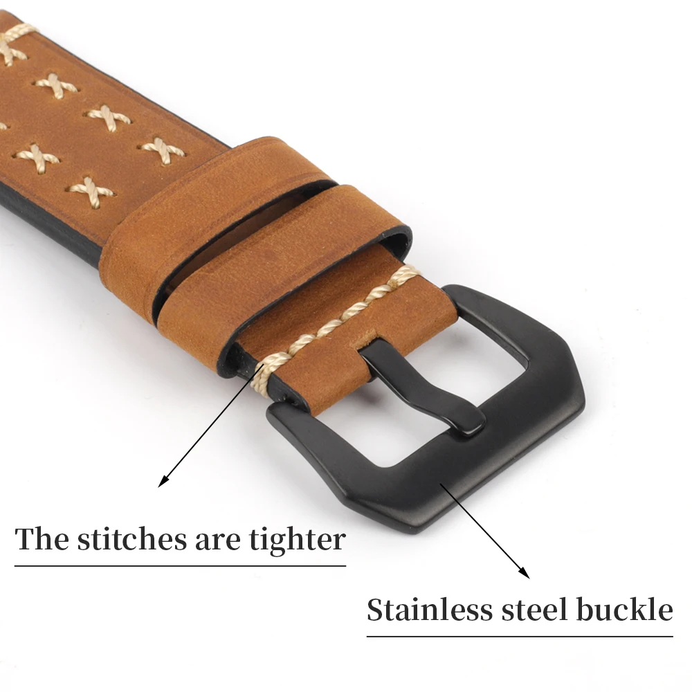 Handmade Watchbands 22mm 24mm Genuine Leather Vintage Watch Band Strap Black Buckle Men Women Watch Strap Belt Watch Accessorie