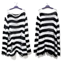 New Punk Gothic Long Unisex Sweater Summer Women Striped Cool Hollow Out Hole Broken Jumper Loose Rock Thin Dark Streetwear Top - Image 2