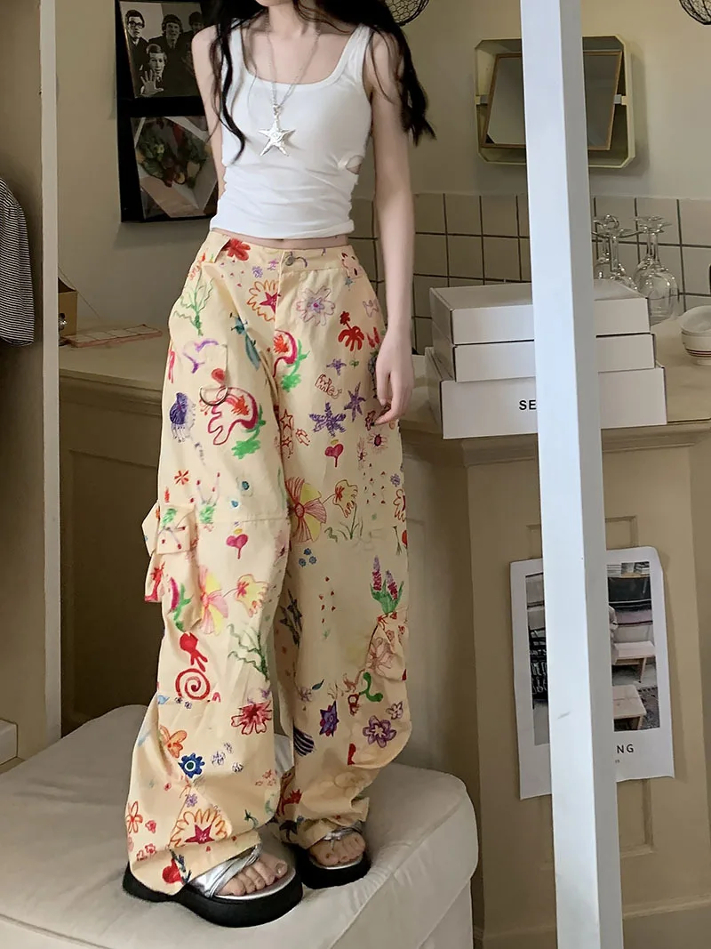 

Summer Brand New Graffiti Print Pants Long Loose Brand New High Waist Wide Leg Trousers Multi-pockets Fashion Streetwear Women