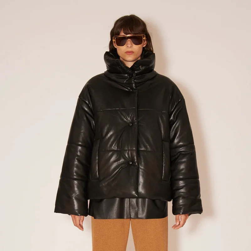 

N @ NU-Женская Повседневная Свободная куртка из искусственной кожи, однотонная, с высоким воротником, однобортная хлопковая куртка, утолщенное пуховое пальто,