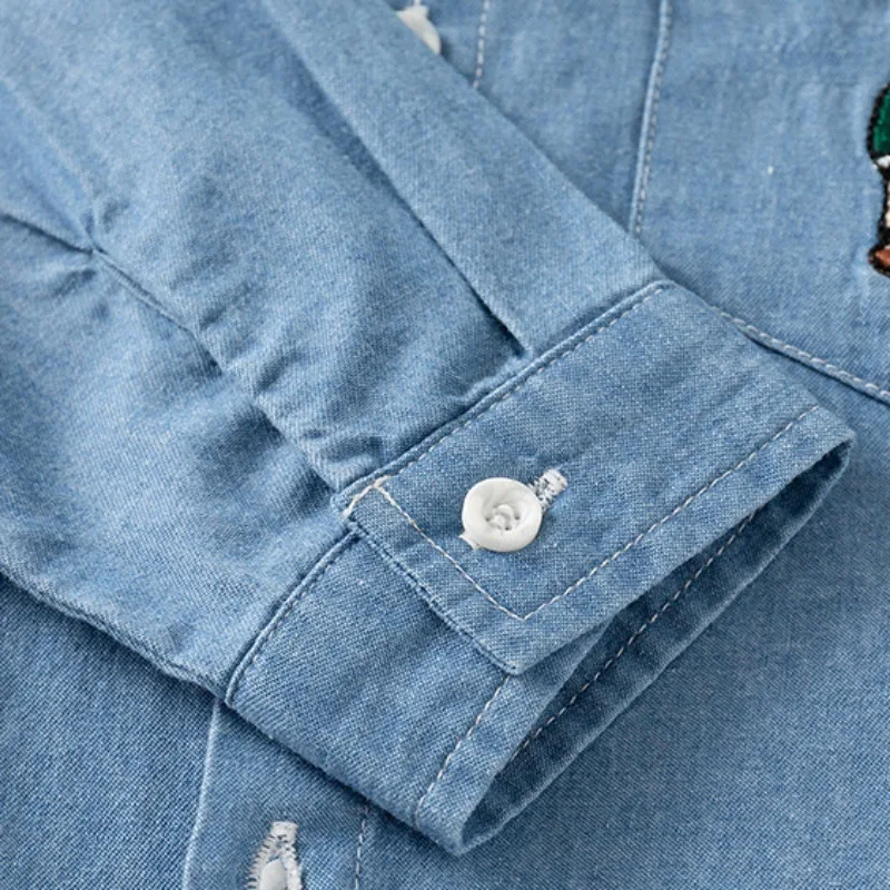 Autumn Children Boy Shirts Baby Blue Cowboy Embroidery Bear Long Sleeve Lapel Coat Top Fashion Party Outifits kids shirts boys shirts