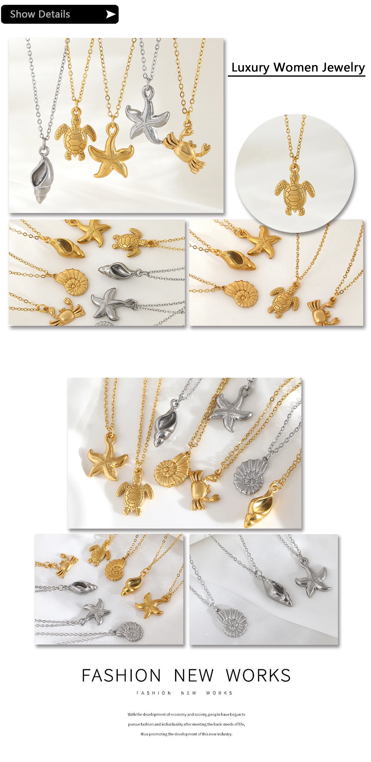 MHS.SUN Ozean Stil Perle Schildkröte Muschel Seestern Halskette Edelstahl 18K vergoldet Anhänger Sommer wasserdicht Schmuck Geschenk – Detail 20
