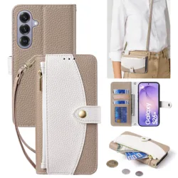 Dual Color Crossbody Leather Wallet Case with Zipper and Flip Card Slot - Shockproof Cover - Galaxy S25edge (P23P APRI)