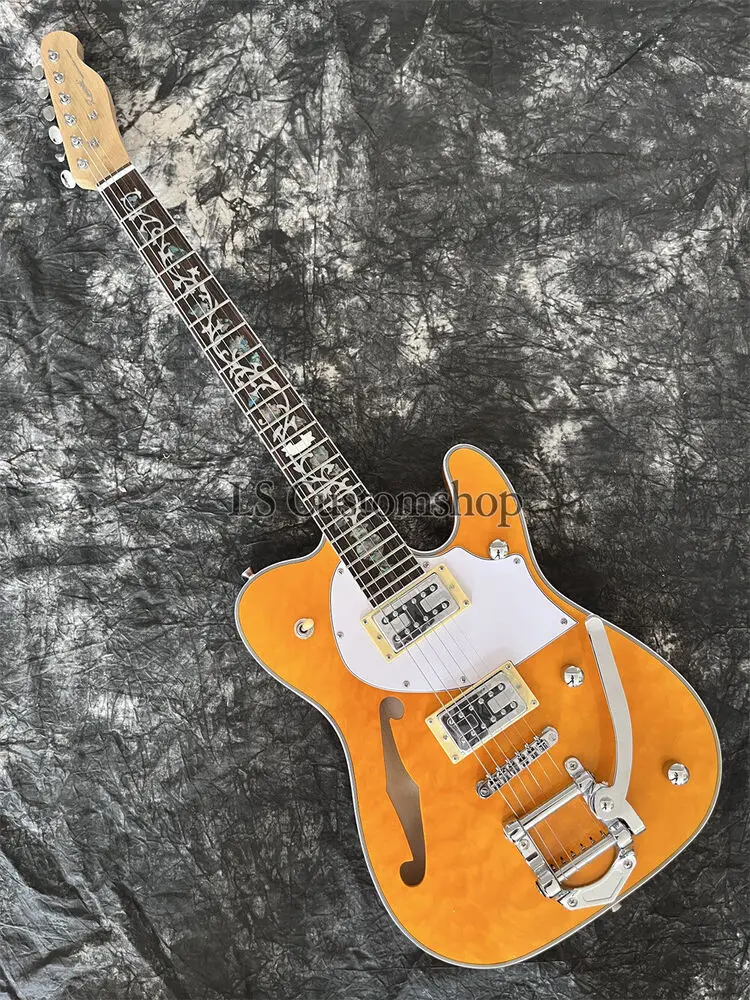 

Электрическая гитара Zuwei Thinline TL, полупустотелый корпус, стеганый Топ желтого цвета, быстрая доставка
