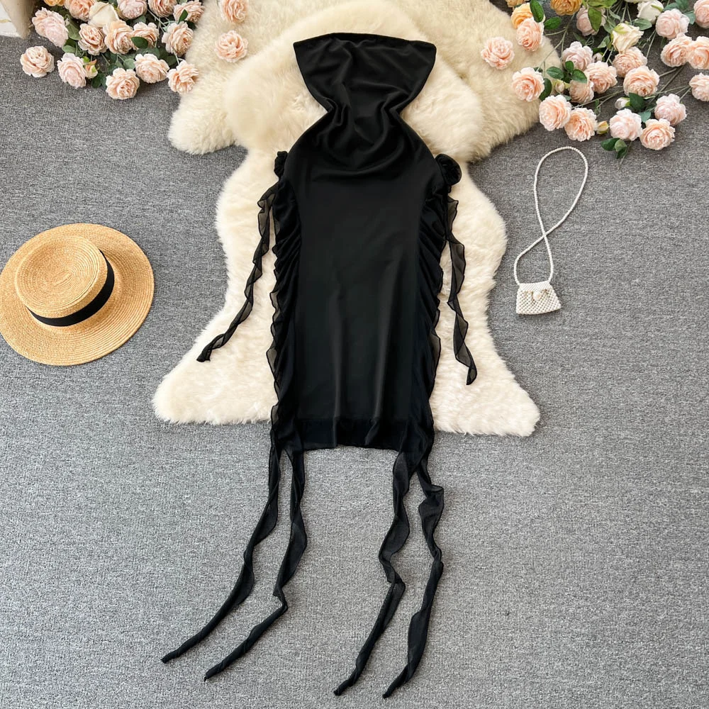 

Fashion ssTss Summer Women Sexy Party Dress Elegant Black Strapless Sleeveless Slim Slit Bodycon Ruffles Irregular Club Dress