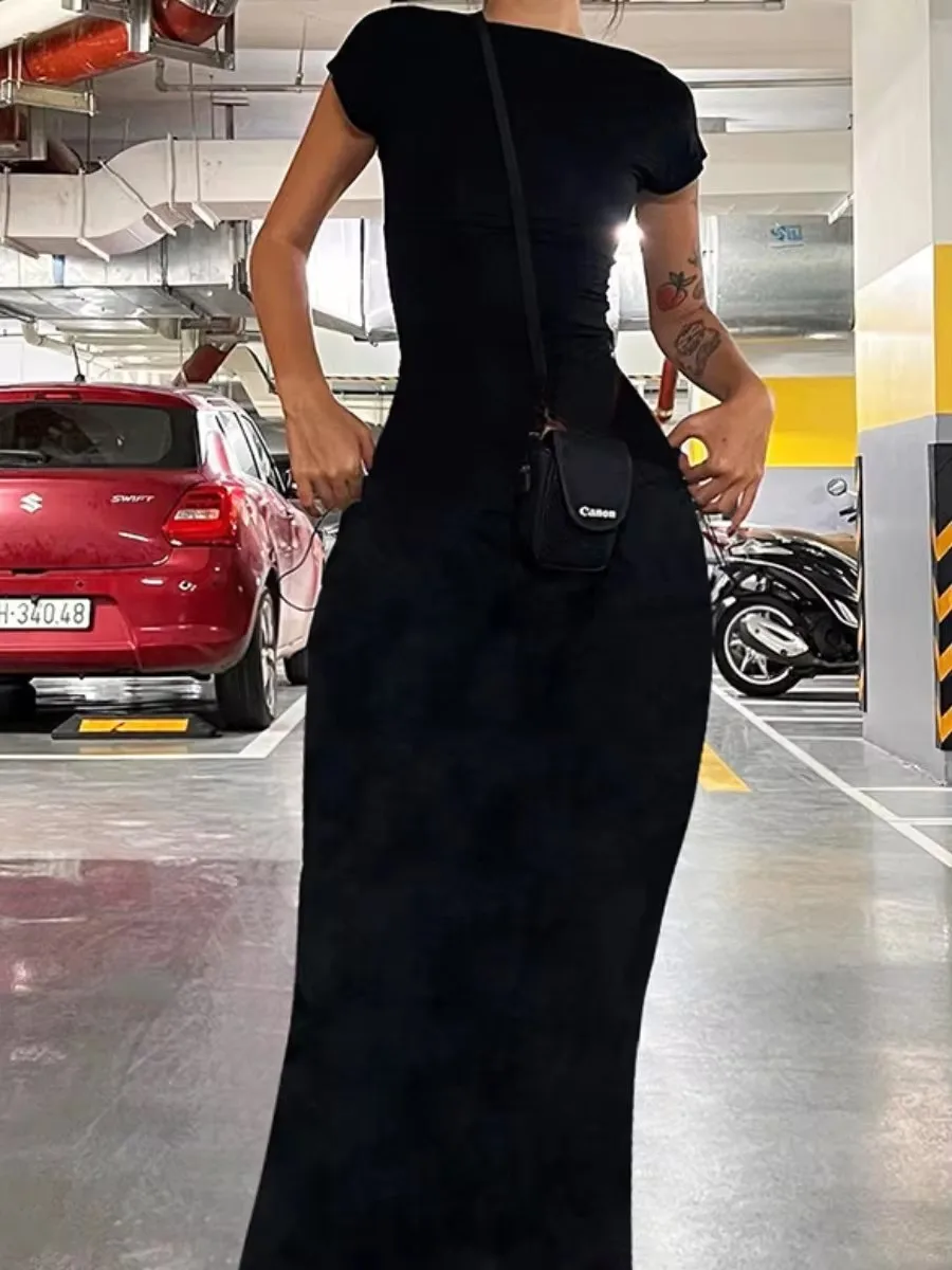 Elegant Backless Sexy Women Maxi Dress Short Sleeve Slim Fit Elastic Casual Solid Streetwear Club Party Ladies Summer Bodycon 5