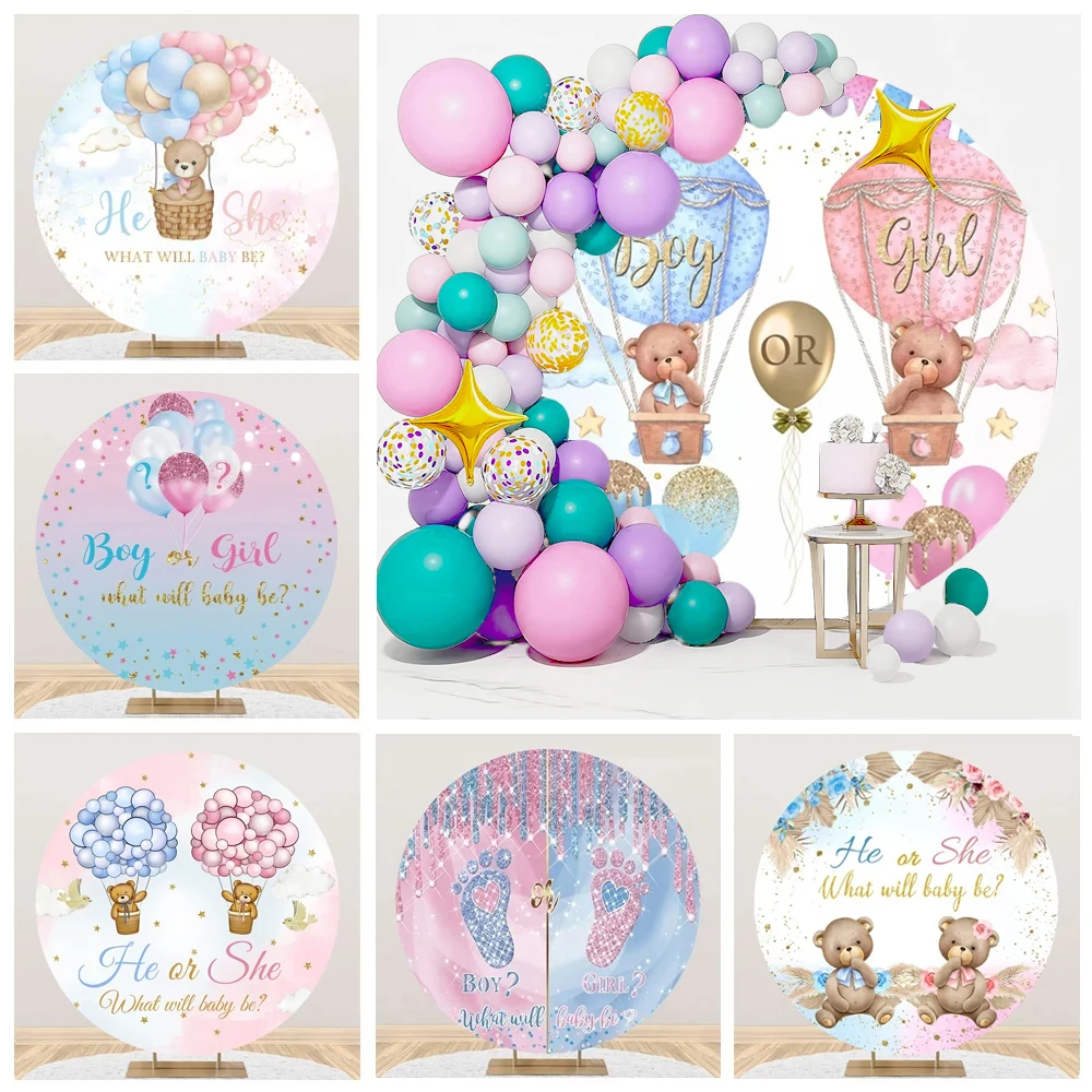 

Gender Reveal Round Backdrop For Photography Boy or Girl Bear Elephant Baby Shower Birthday Party Circle Background Photo Studio