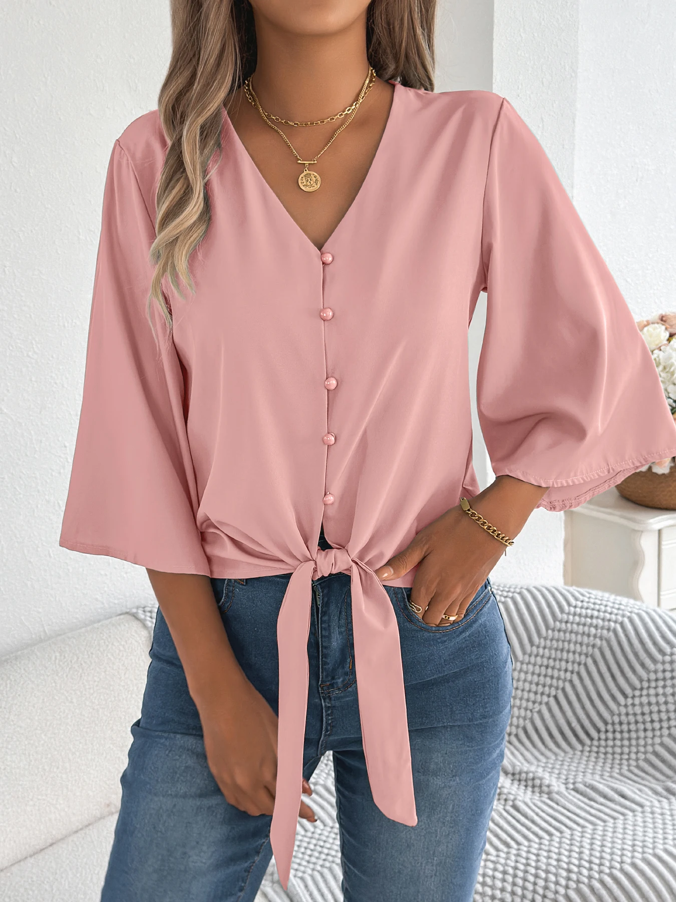 Women Autumn Casual Shirt V Neck Long Sleeve Lace Up