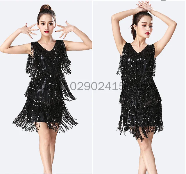 

2023 Women Ladies V Neck Sleeveless Sparkling Sequin Tassels Fringe Ballroom Samba Tango Stage Latin Dance Dress Rave Costume