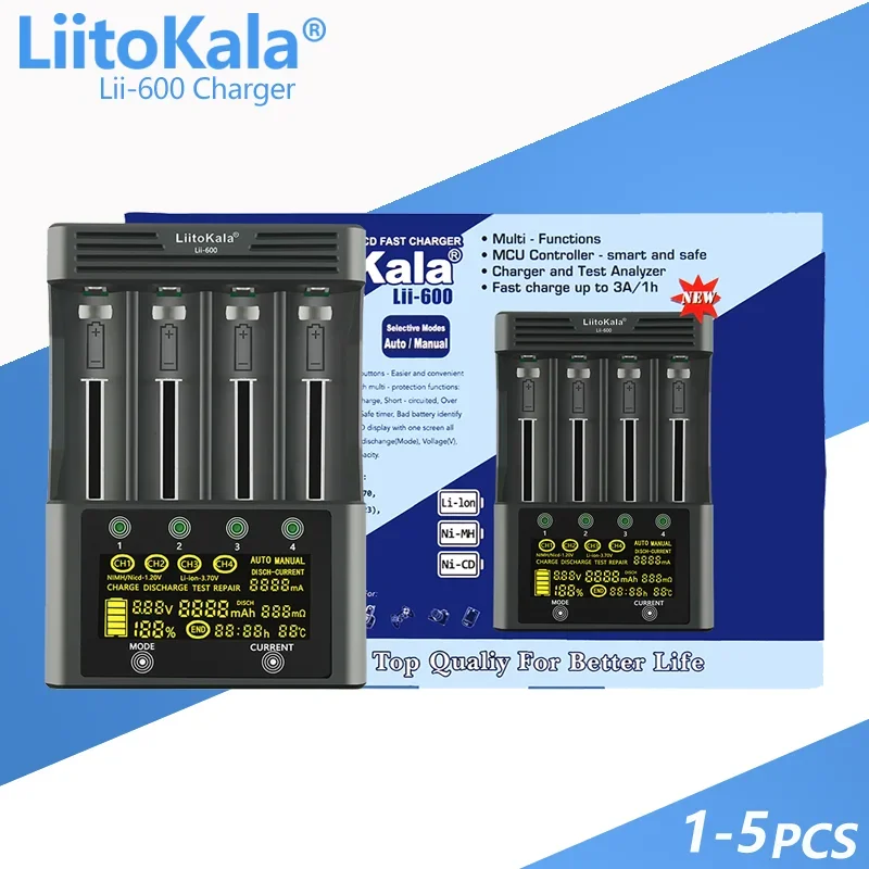 

1-5PCS LiitoKala Lii-600 Battery Charger For Li-ion 3.7V and NiMH 1.2V Battery Suitable for 18650 26650 21700 26700 AA AAA 12V5A