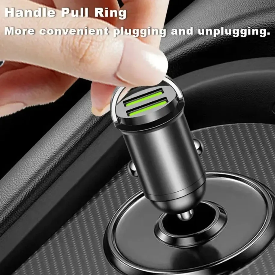 200W Car Dual Port Mini USB Charger Ultra Fast Charging Cigarette Lighter Socket 12-24V Aluminum Cell Phone Charging Adapter