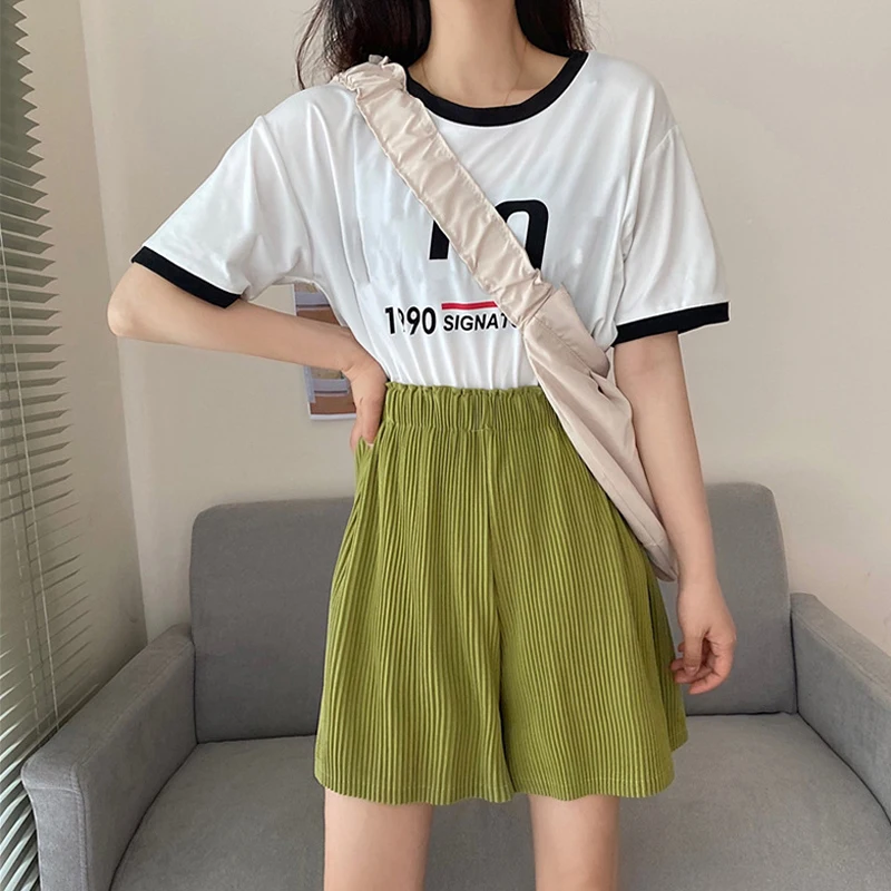 Women's Summer Shorts Ice Silk Loose Fashion Beach Style Shorts Soft Casual High Waist Streetwear Cropped Pants Solid Cycling paperbag shorts