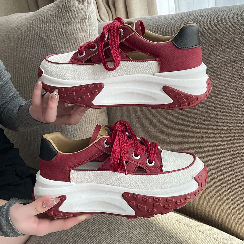 

2023 Summer New Fashion Color Matching Lace Up Leather Outerwear Women Casual Comfort Sports Shoes Women's Single Shoes