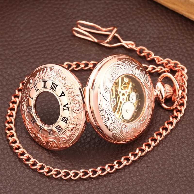 Classic Rose Gold Roman Number Cover Men Women Handwinding Mechanical Pocket Watch Skeleton Dial with Pendant Fob Chain Gift