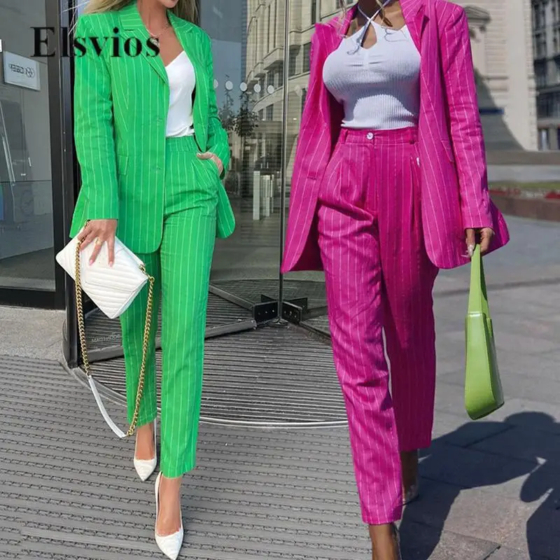 

Elegant Striped Print Lapel Suit Outwear And Long Pants Set Fashion Women Office Sets Commuting Working Lady Blazer Coat Outfits