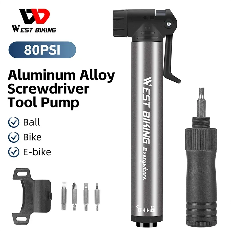

WEST BIKING 2 In 1 Bicycle Pump Mini With Screwdrivers Set Portable Bike Tools Built In Presta and Schrader Nozzle Tire Inflator
