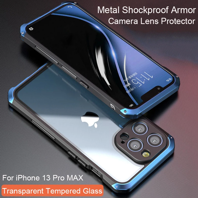 

Противоударный бронированный прозрачный металлический чехол для iPhone 15 13 Pro MAX 14 Plus, бампер, прозрачный защитный чехол из закаленного стекла для камеры