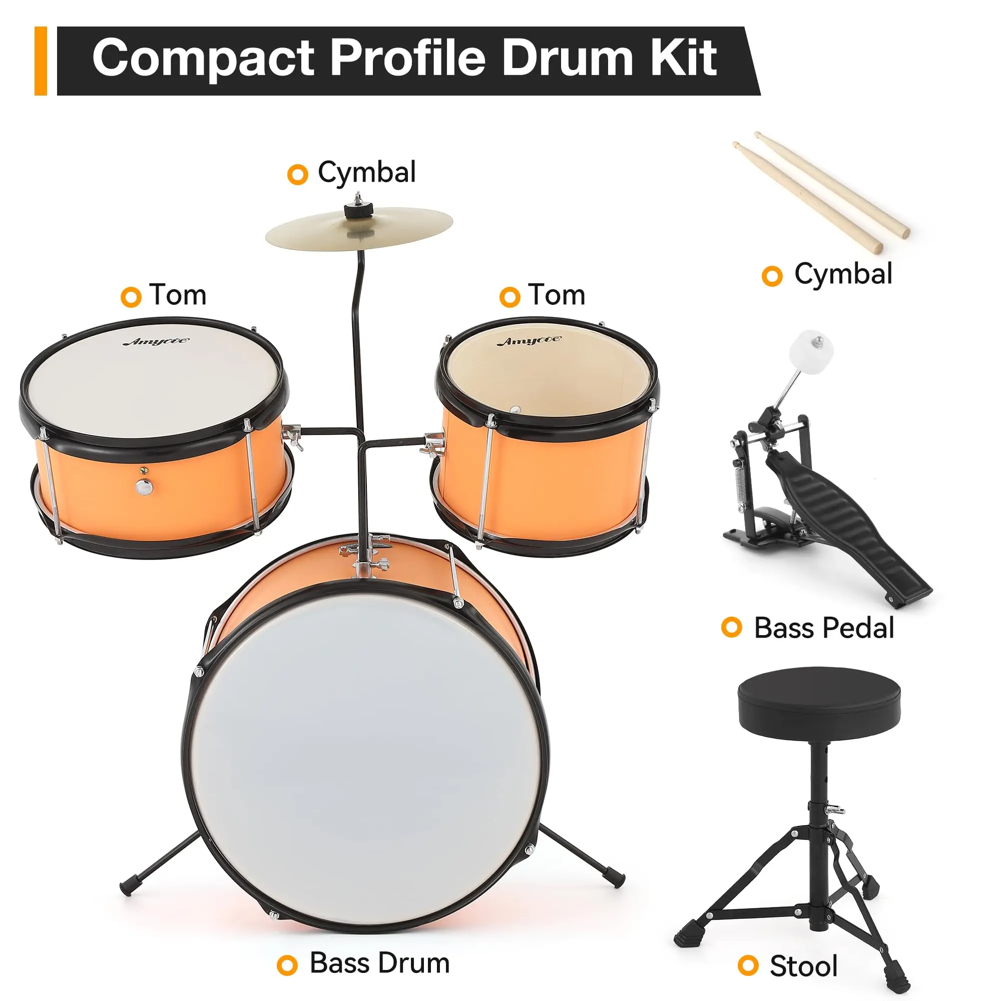 Drum Set for Children, 3 Drum Acoustic Set, Wood and Metal Design, Yellow Finish, for Early Music Learning, Home Practice