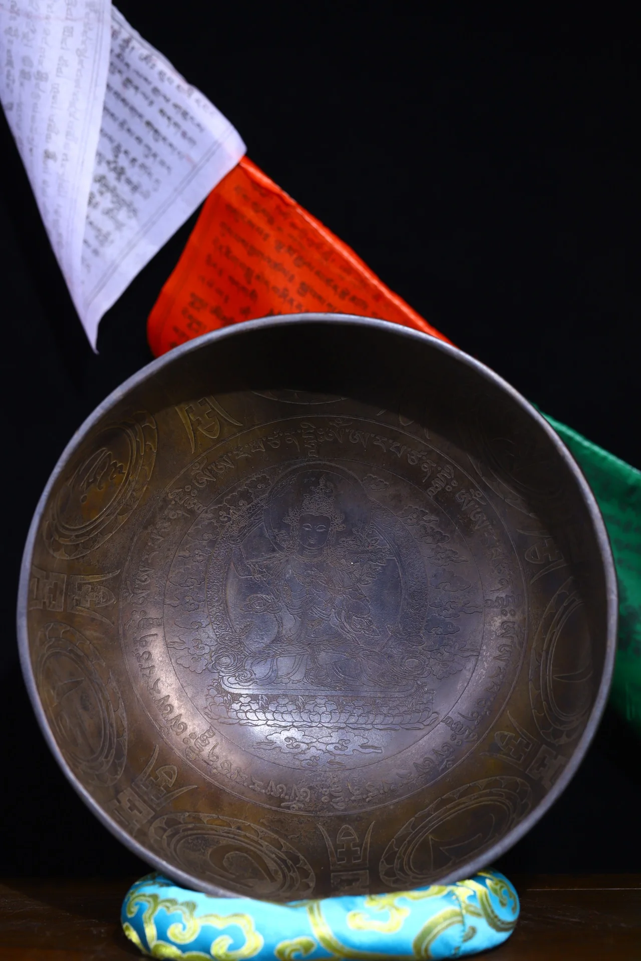

9"Tibetan Temple Collection Old Sound Bronze Chime Six word truth Manjusri Bodhisattva Buddha sound Bowl chanting Amulet Dharma