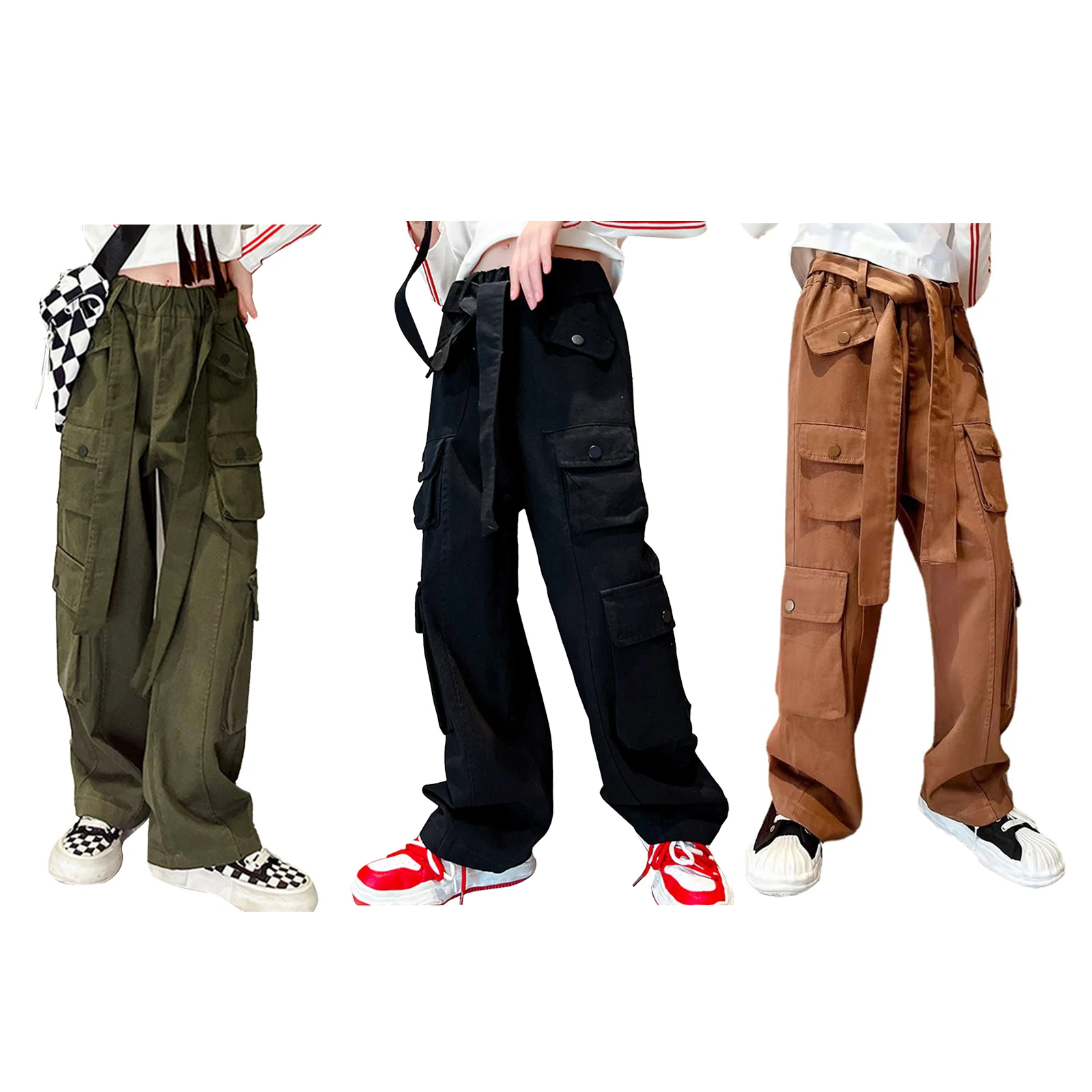 

New Kids Girls Cotton Casual Cargo Pants Wide Leg Sport Pants with Belt Children Trousers for School Jogger Vacation Dailywear