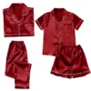 4PCS Women's Blue Pajamas Sets Silk Satin Top Pant Long sleeve Solid Button-Down Pyjamas Satin Set Nightgown Ladies Sleepwear 3