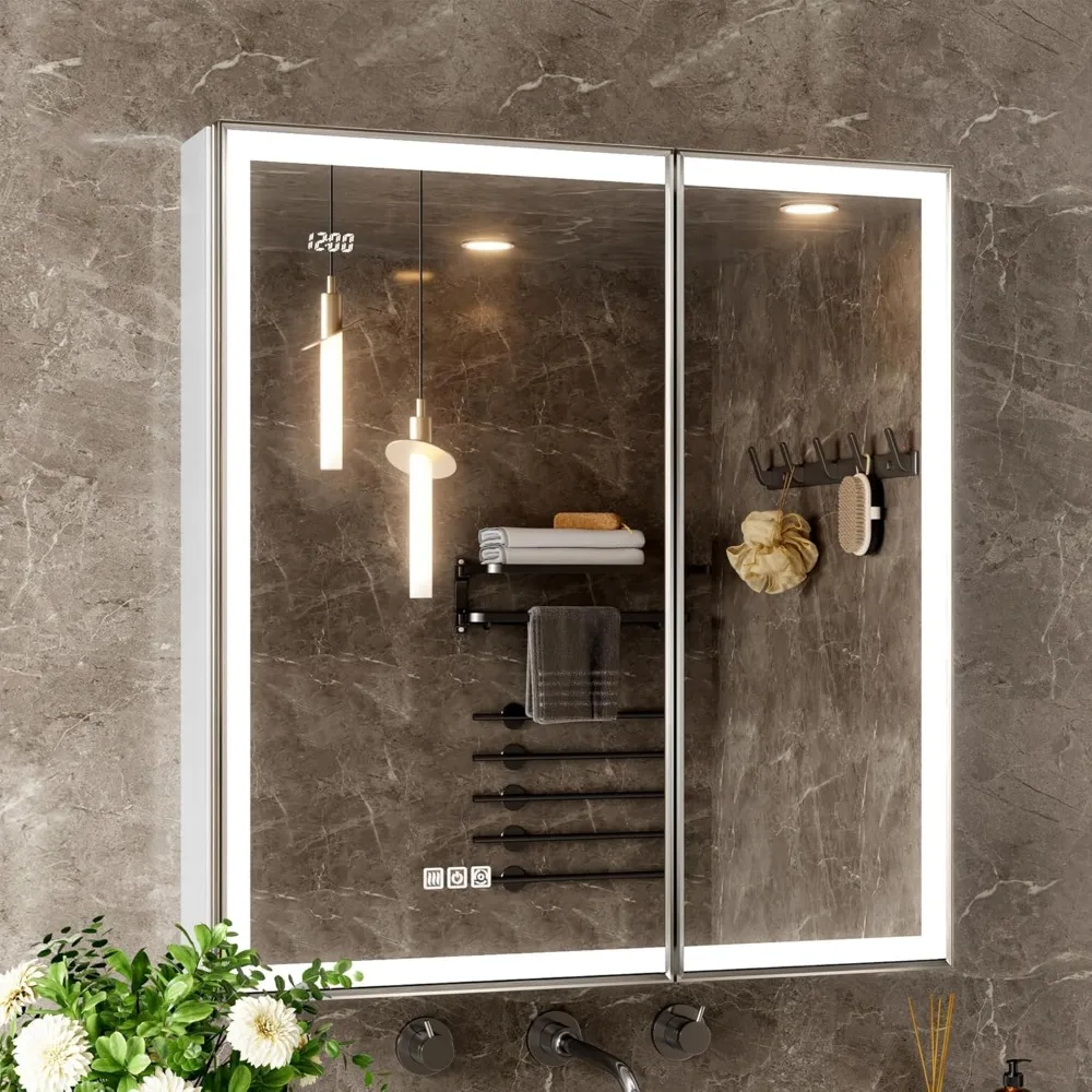 30x32 Lighted Medicine Cabinet with Mirror, Beveled Brushed Nickel Framed Surface or Recessed Fogless Dimmable LED Medicine