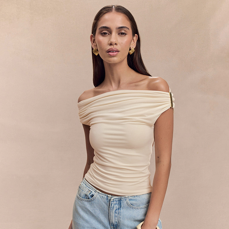 CUTENOVA Solid Color Pleated Strapless Slim One-Shoulder Tops Women'S Summer New Simple Causal Versatile Sexy Fashion Tank Tops
