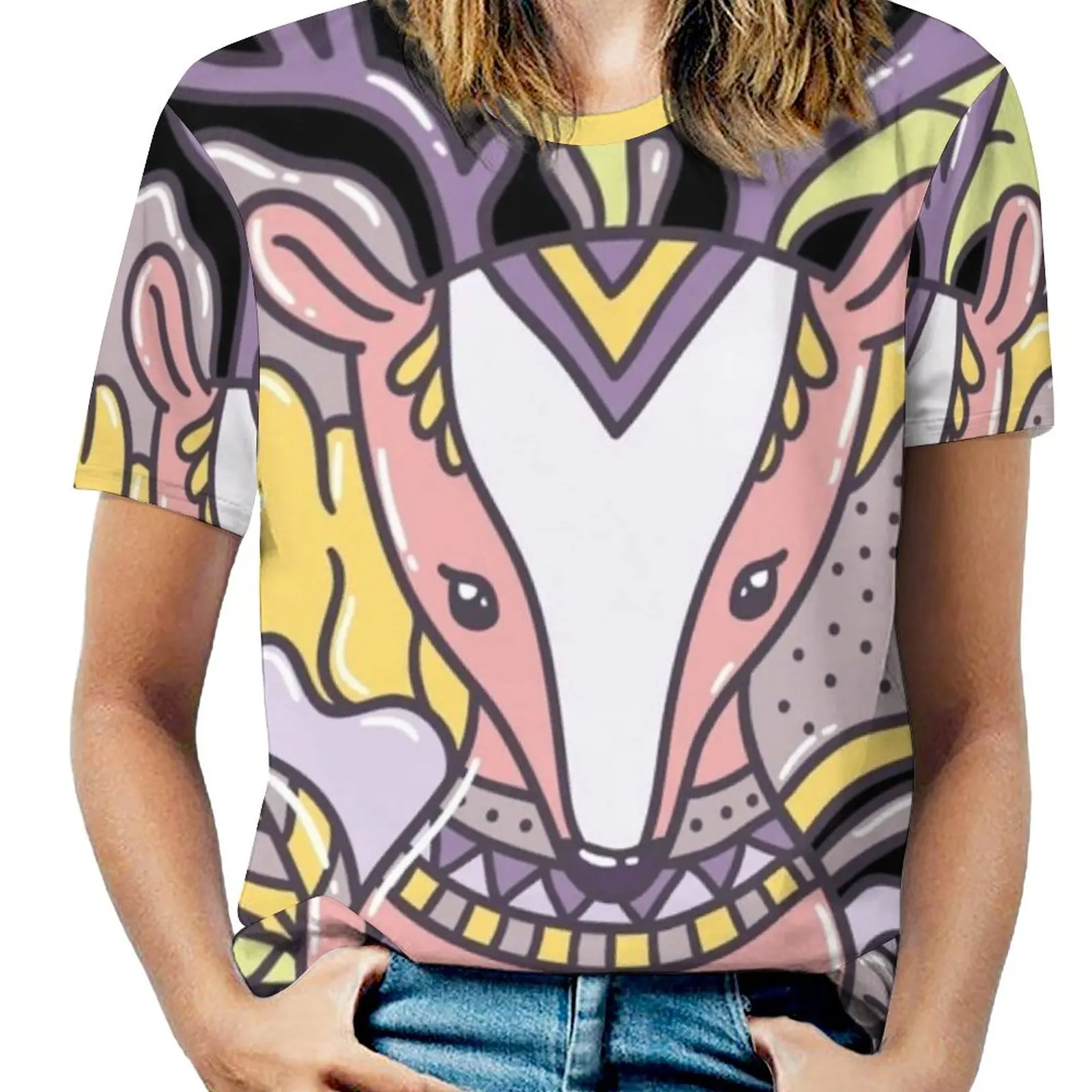 

Женская футболка с абстрактным оленем, футболки с принтом на весну и лето, пуловер с круглым вырезом, топ с рисунком оленя, смешной комикс для младенцев с рисунком оленя