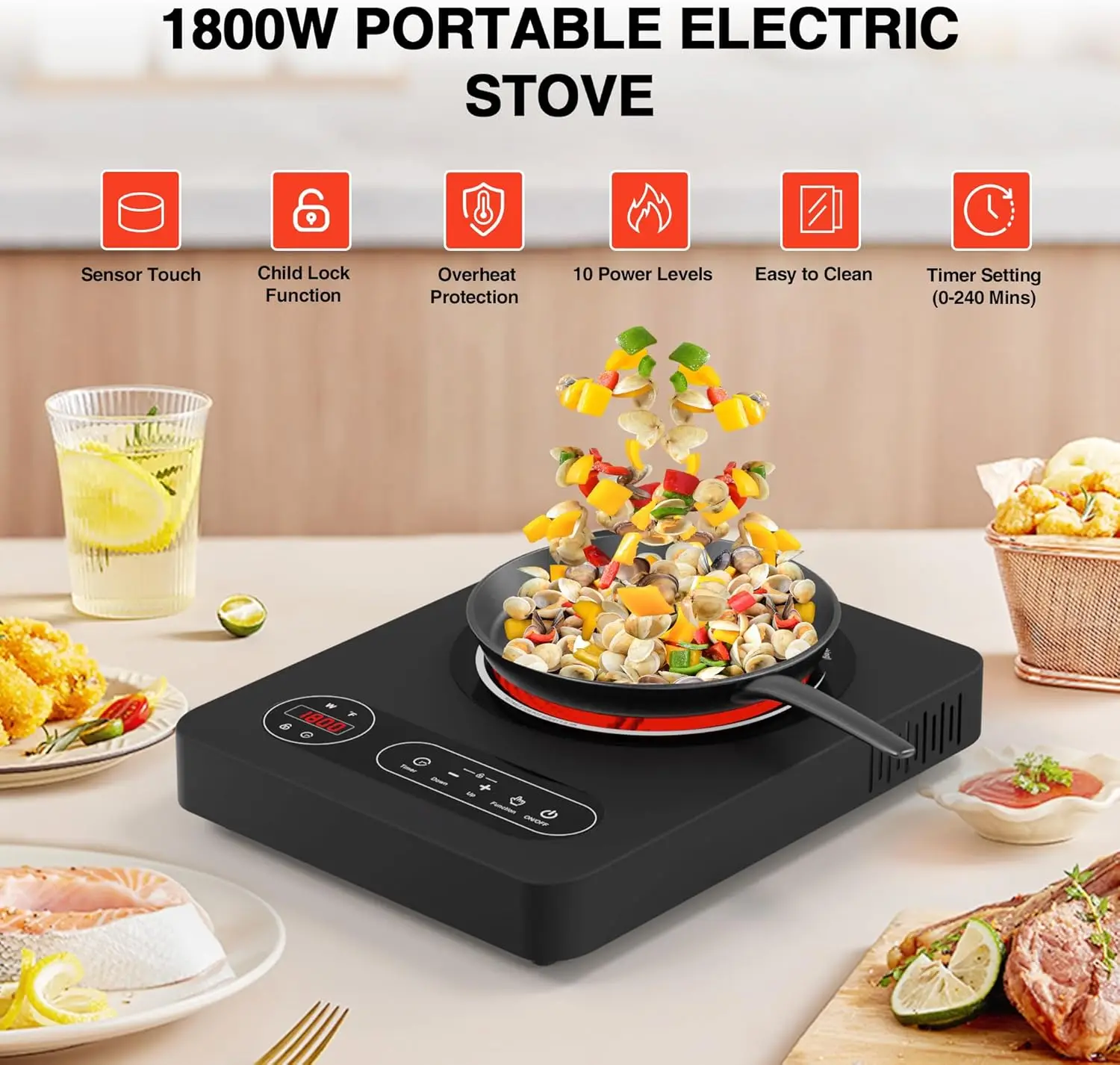 Single Burner Electric Cooktop 1800W-110V Electric Stove Top Burner Portable Stove with LED Touch Control 10 Power Level