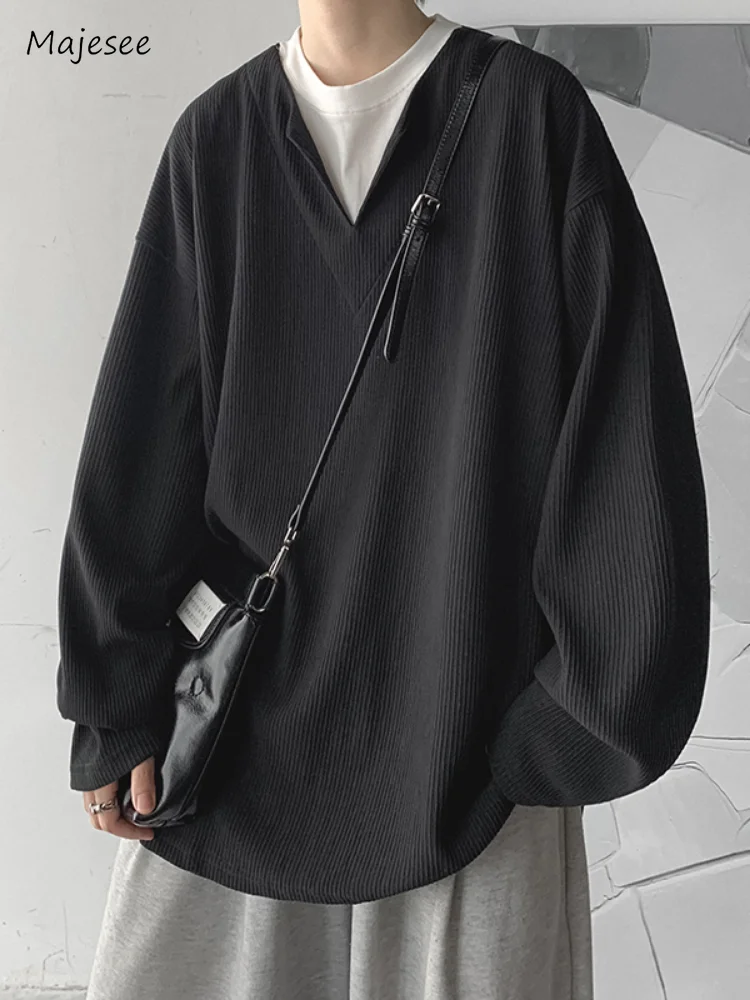 

Sweatshirts Men Casual Streetwear V-neck Spring Autumn Fake Two Pieces Solid Pleated American Style Male All-match Fashion Chic