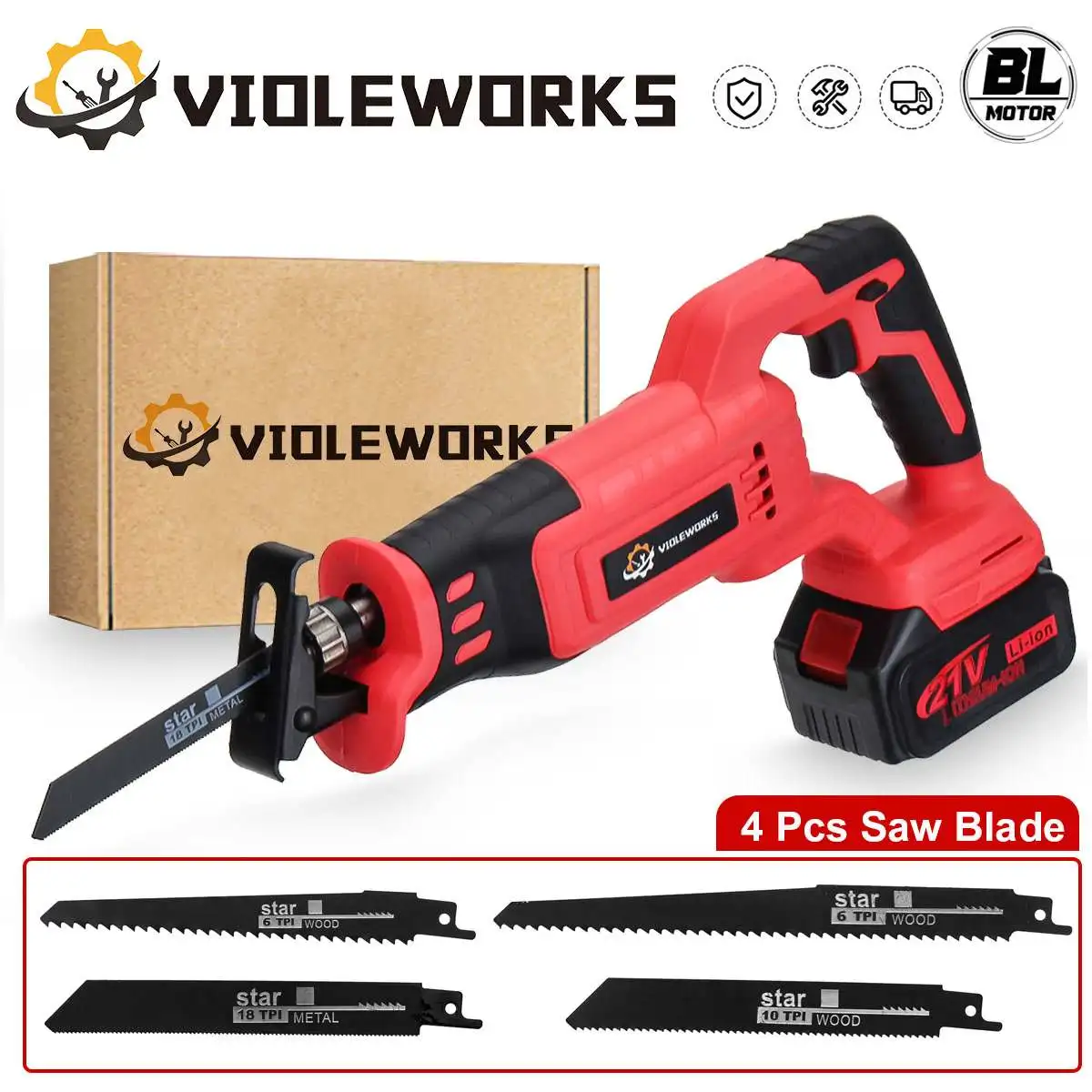 

Brushless Reciprocating Saw Handsaw Saber Multifunction Saw Metal Wood Pipe Cutting with 4 Blades Kit For Makita 18V Battery