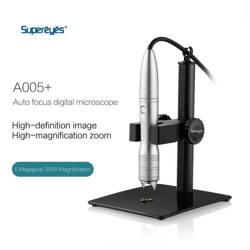 Supereyes A005+ USB Microscope 500X 5MP Hand free Auto Focus Video Digital Microscope Magnifier with Microscope Adjustable Stand