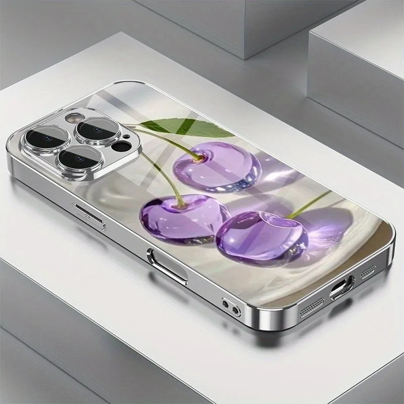 Purple Crystal Cherry Pattern Electroplated Glass Phone Case