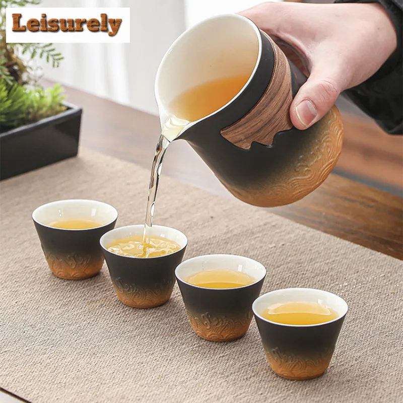 Coarse Pottery Travel Tea Set Kit 1 Teapot 4 Cups Portable Outdoor Camping Teapot And Tea Cup With Bag Teaware Making Tea Tool