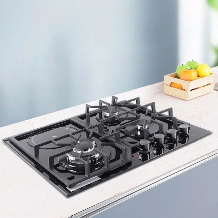 Kitchen 4 Burner Stove Hob Tempered Glass Panel 60Cm Black Built in Gas Hob Grill Gas Stove with Cast Iron Enamel