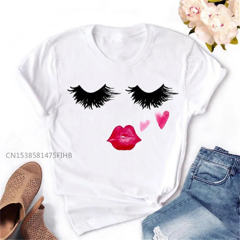 

Eye Lashes Red Lips Print Women T Shirt Fashion Casual Short Sleeve O Neck T-Shirt Ladies White Basic Tshirt Premium Tops Tees