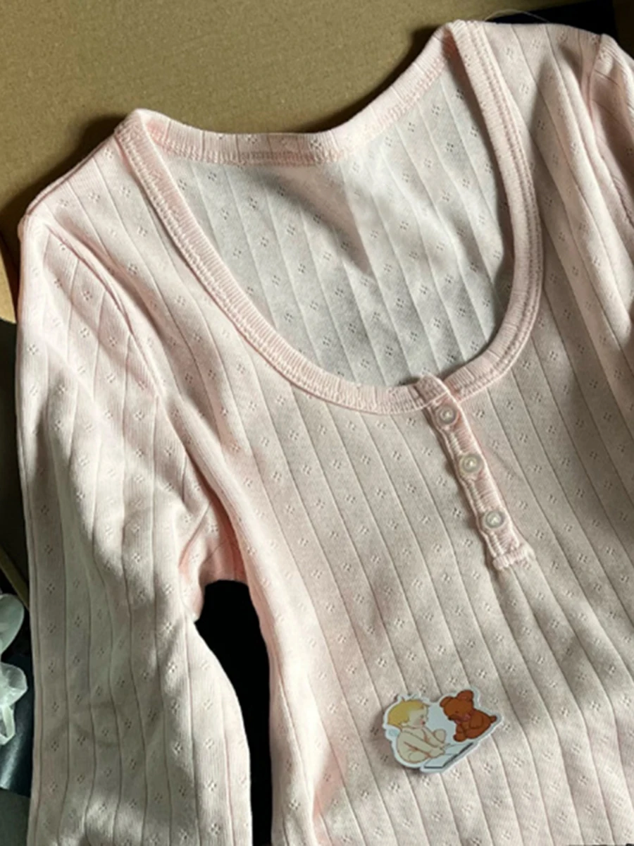 Hollow Out Pink Long Sleeve T-Shirt Summer Round Neck Buttons Cotton Slim Sexy Top for Woman Vintage Sweet Cute y2k Tops Chic 4