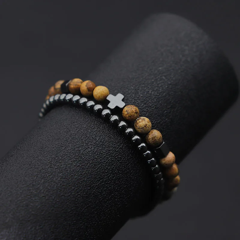 Noter Mann Armband 2 teile/satz 4mm Hämatit Perlen Braclet 6mm Lava Tiger Augen Braslet Homme Vater der Tag brazalete Kreuz Pulseras – Detail 7