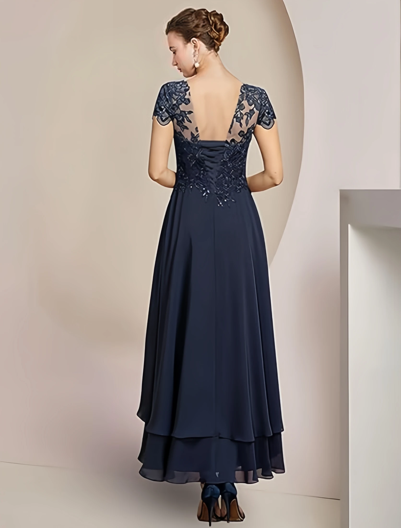 Mother Bride Dresses TXxuelian Lace Wedding Short Sleeve Ruffle Chiffon Evening Gown Tea Length Women Formal